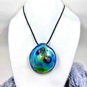 Large Blue/Green Glass Pendant 16” Necklace